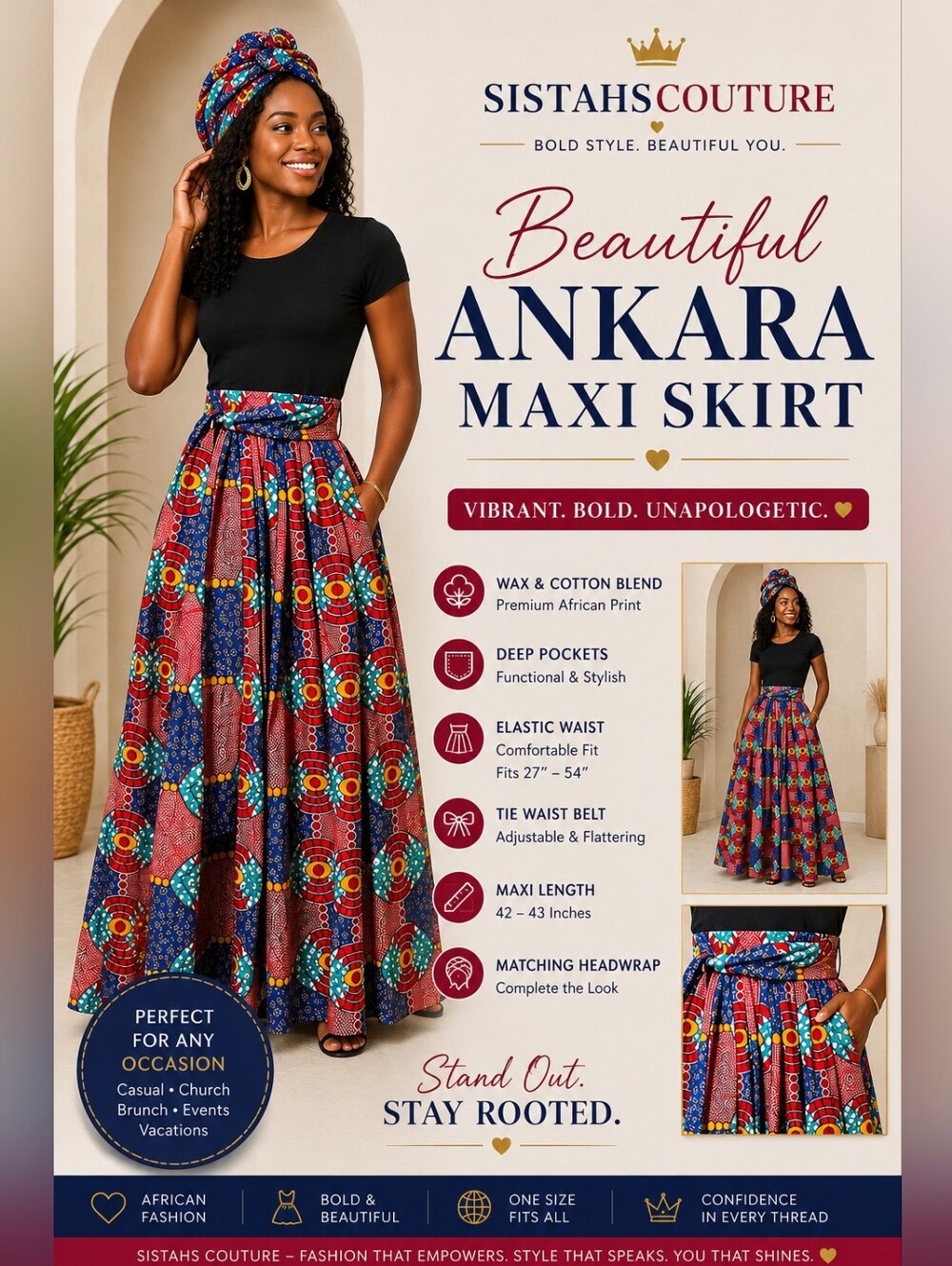 Ankara African Print Maxi Skirt | Free Size | Wax Cotton Blend | Pockets